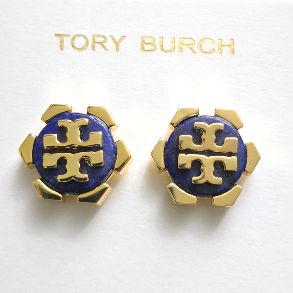Tory Burch Gold & Navy Logo Stud Earrings